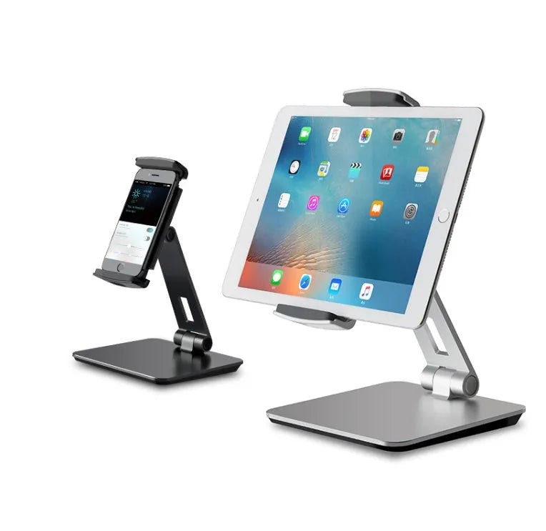 Foldable aluminium and ABS desktop stand holding a tablet at an angle.