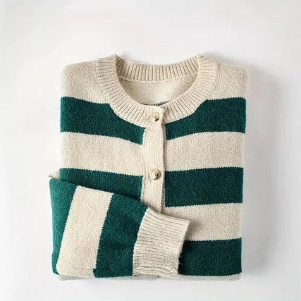 Green and white striped loose fit acrylic fibre knitted cardigan for women