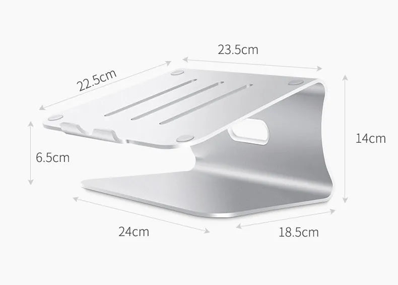 Aluminium alloy rotary laptop cooling stand with strip heat dissipation fins in grey or silver.