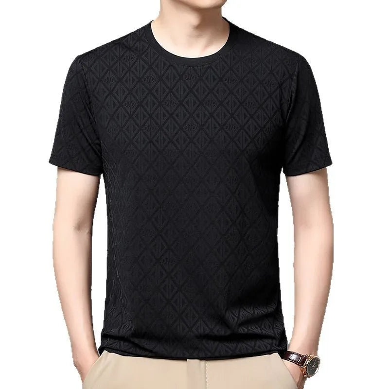Men's loose fit round neck short sleeve T-shirt in ice silk fabric, shown in solid colour options.