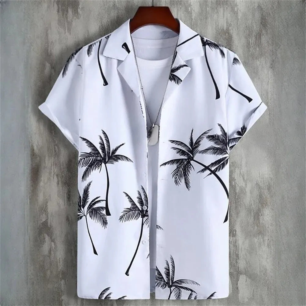 Men's grey camouflage print loose fit short sleeve casual shirt on a hanger.