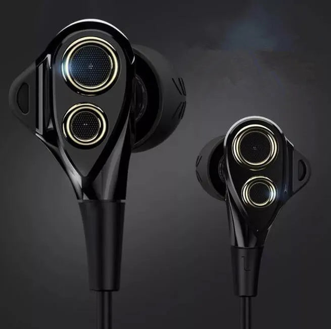 Black and silver metal in-ear headphones with inline remote and microphone on cable.
