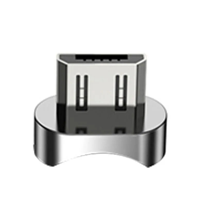 Rotating magnetic data cable in black with nylon braided line and aluminium alloy connectors, showing interchangeable tips for Android, iOS and Type-C