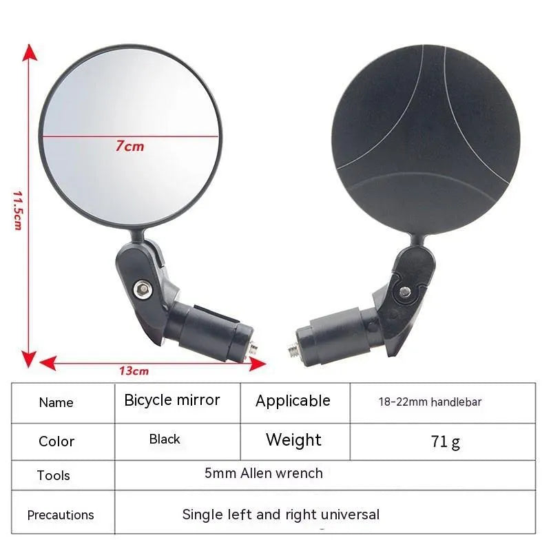 Black foldable convex rearview mirror showing 7cm reflector and adjustable stem.