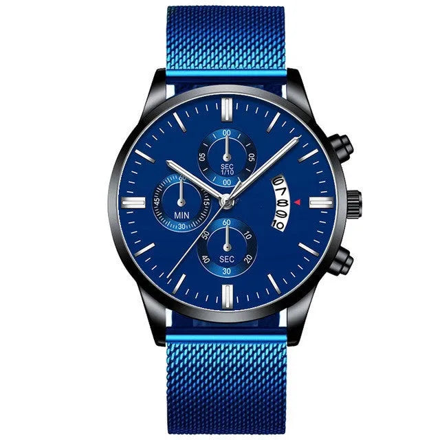 Mens stainless steel mesh band quartz watch with 4.2cm case in multiple colour options