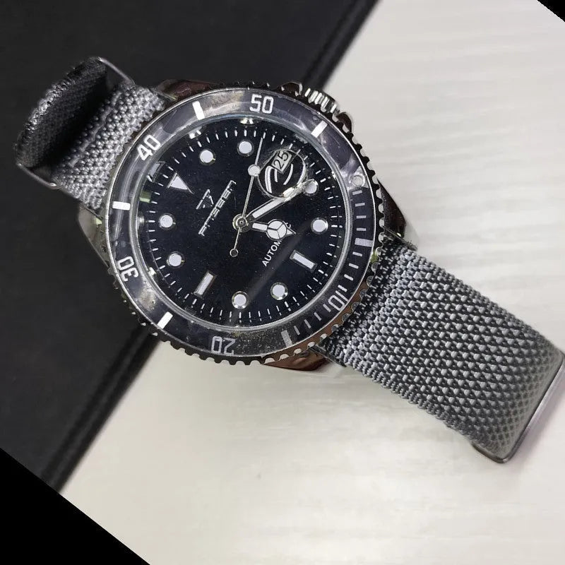 Nylon integrated watch strap in military colours showing 20mm and 22mm width options