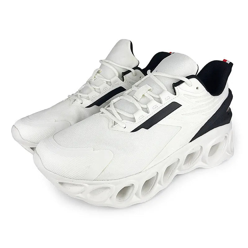 Men's casual lace-up sports shoes in black with breathable mesh upper and round toe.