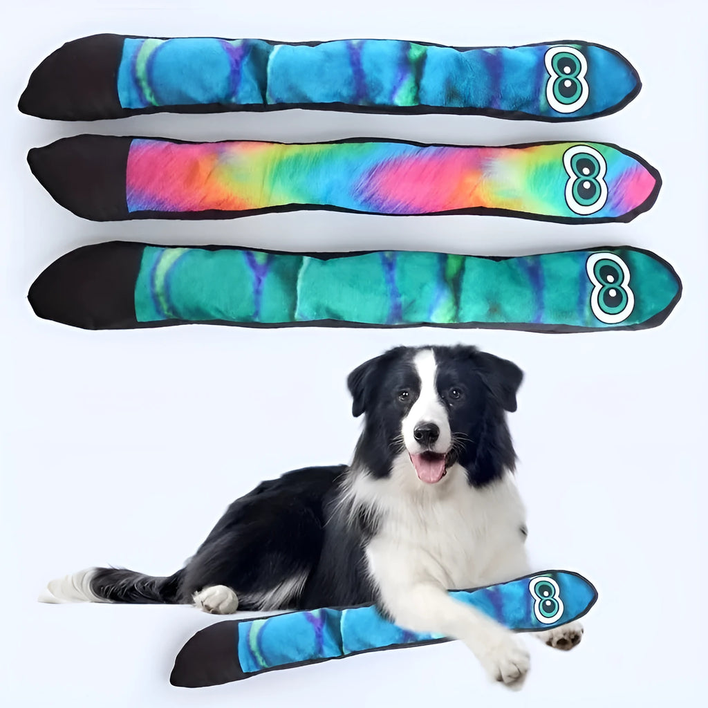 Snake-shaped plush dog squeaky toy with multicolor stripe print design