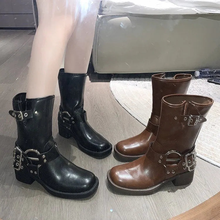 Women's platform boots with belt buckle detail in middle calf length, available in black or brown