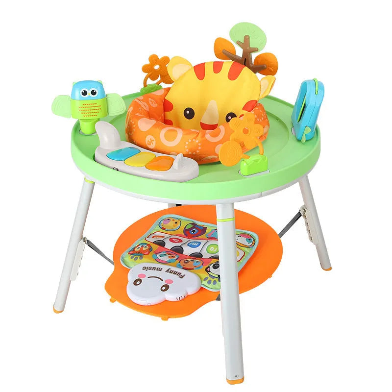 Baby bouncing in three-in-one jumping chair with gymnastic rack and interactive toys