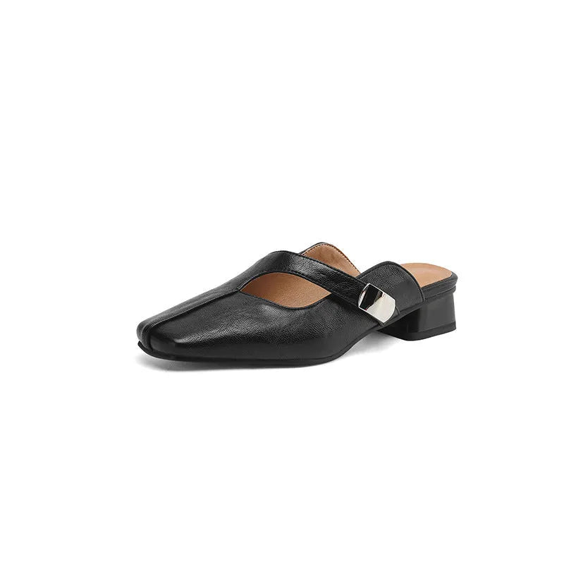British style square toe slippers in black, beige or silver with low heel and casual design