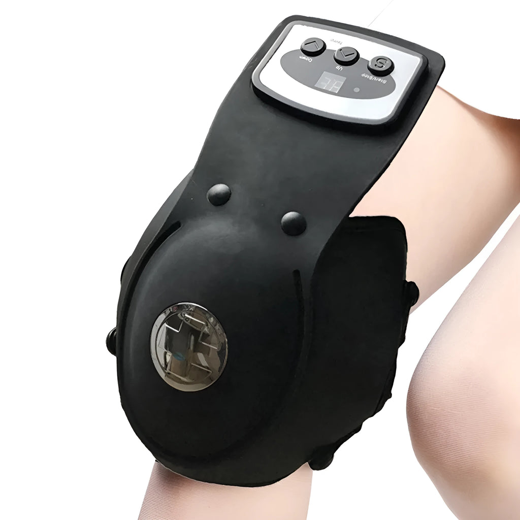 Knee massager with infrared heat, knee pad, shoulder pad, and 12V power adapter.