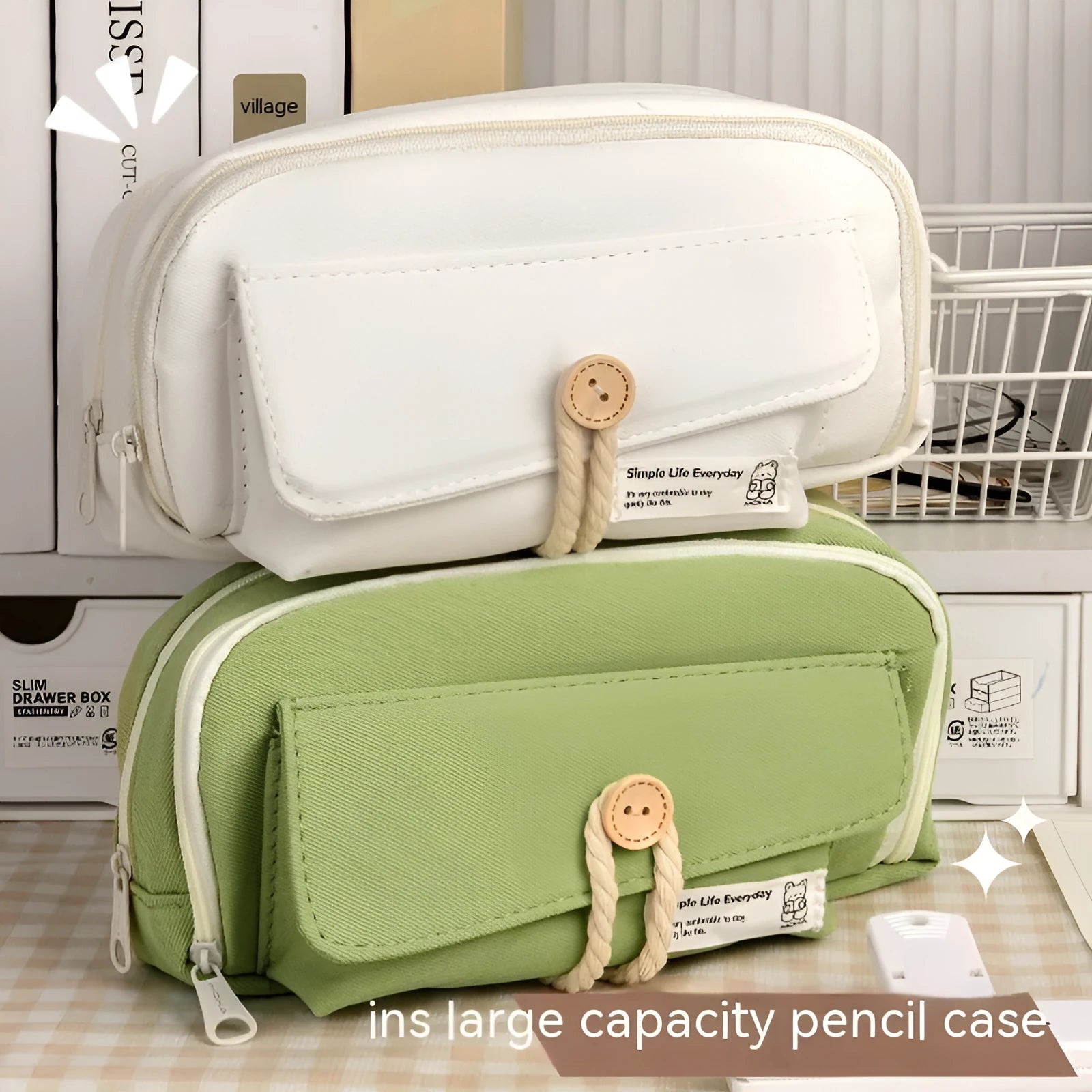 Korean style canvas pencil case in green holding multiple pens
