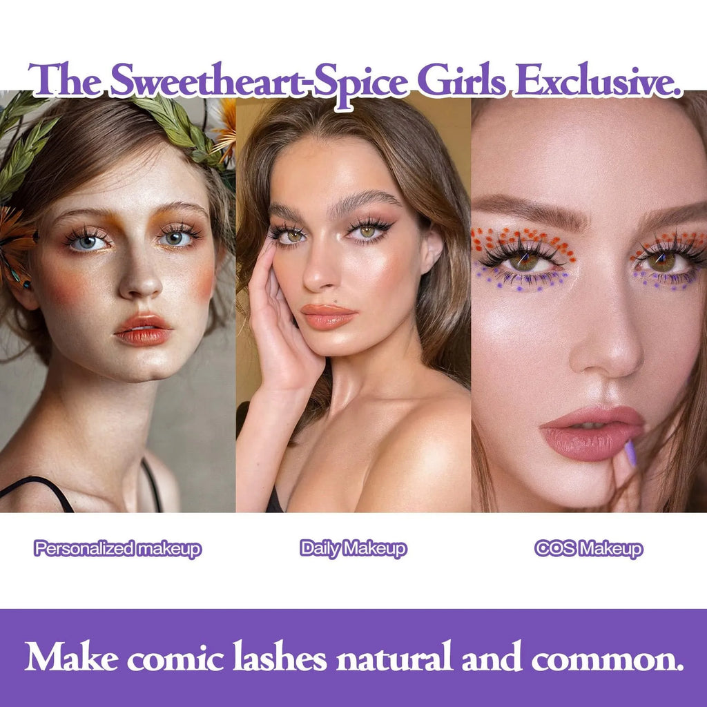 Three styles of manga false eyelashes in black with natural wispy design for anime cosplay makeup
