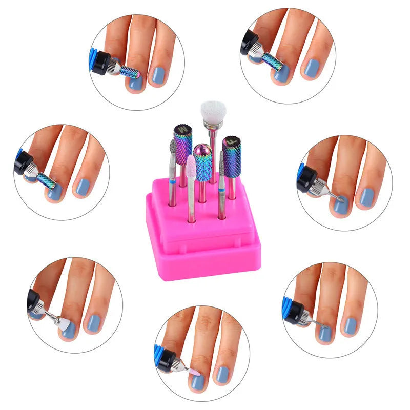 Set of seven tungsten steel nail drill bits and a brush in a transparent plastic storage case.