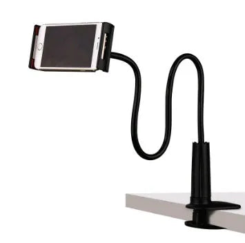 Black bedside oversize flat panel phone holder with a long flexible arm mounted on a table.
