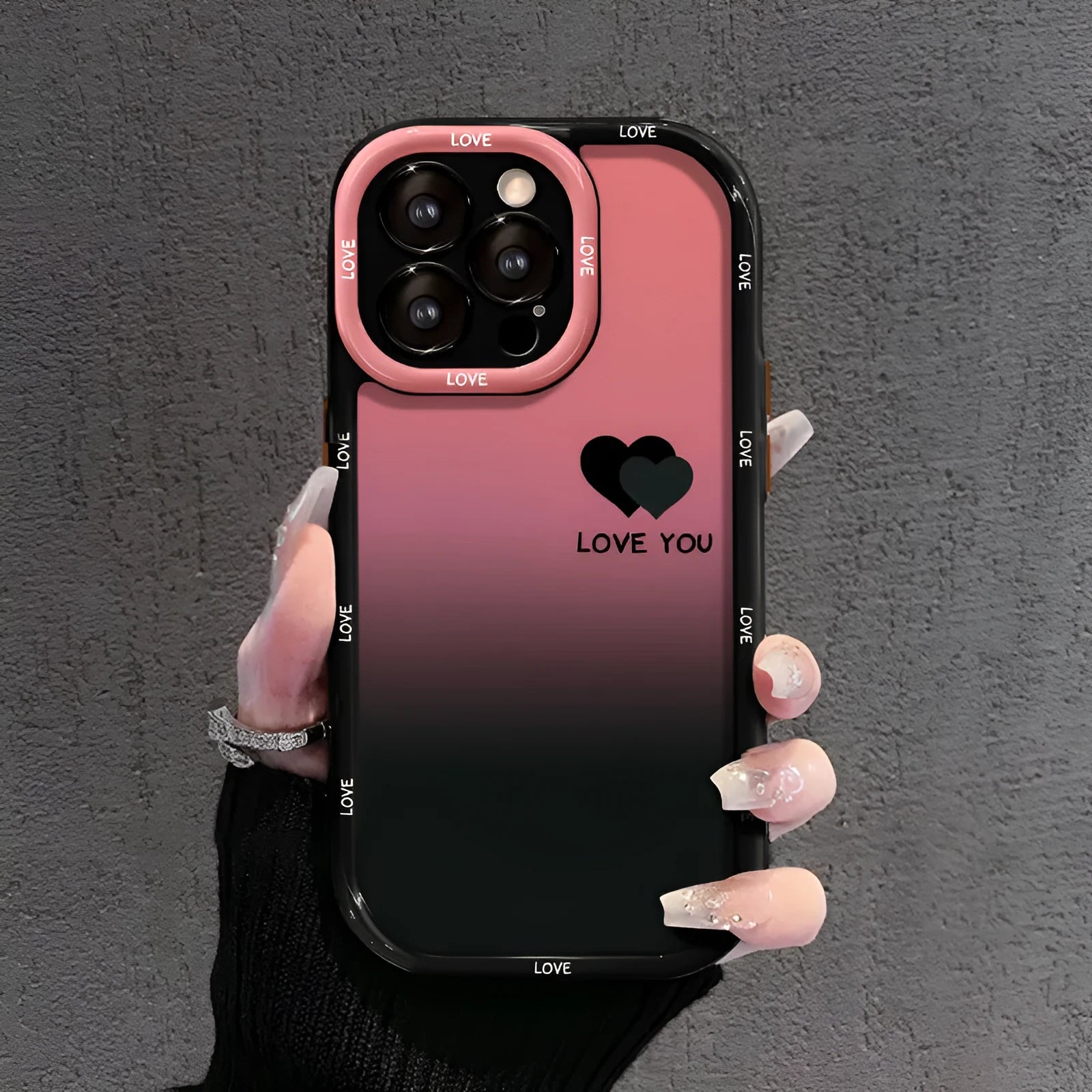 Acrylic fine hole drop-resistant phone case, cream shell with black gradient love heart design for iPhone or Huawei models