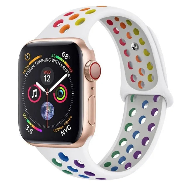 Adjustable silicone sports wristband strap in black, rainbow, or white with a buckle.