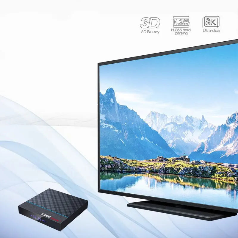 Black T95 Max Plus Android TV box with Amlogic S905X3 processor, shown with optional US, EU and UK power plugs.