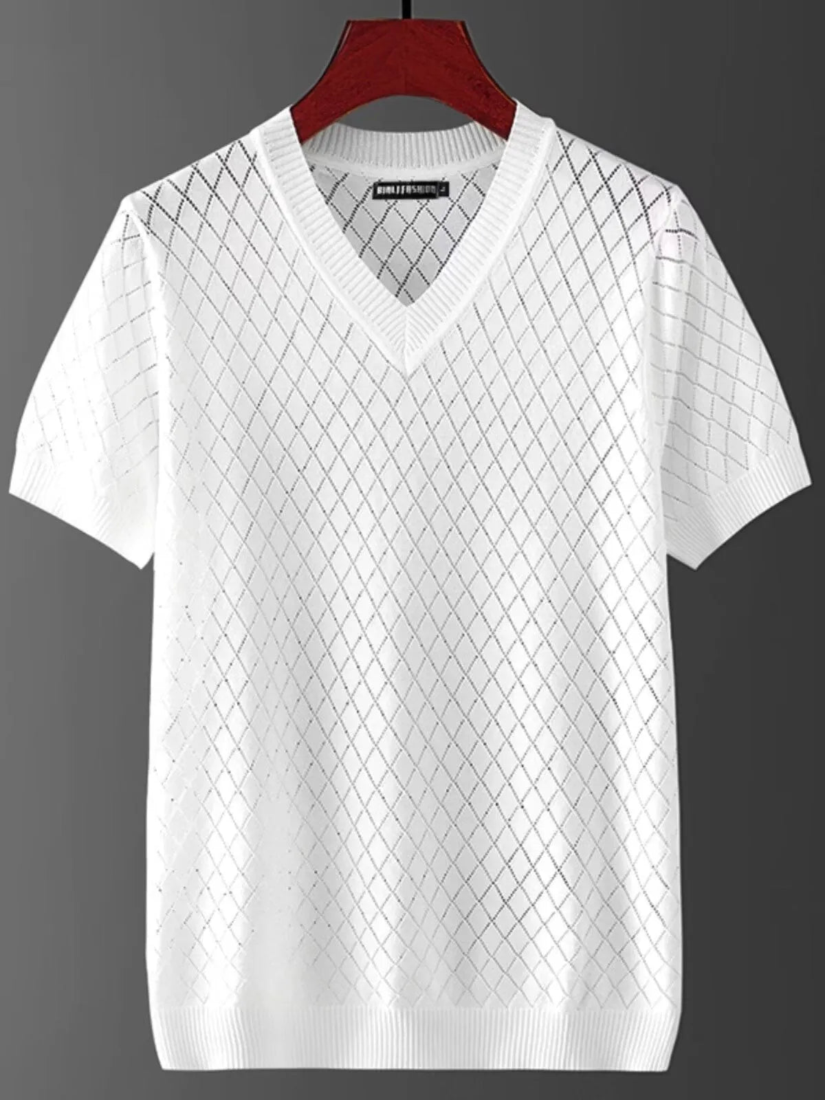 Men's plus size ice silk V-neck t-shirt with Korean style cut-out design in black colour