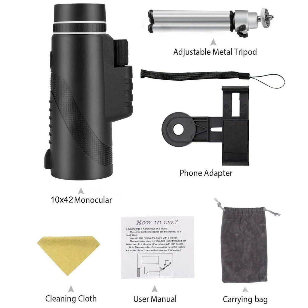 Black HD 40x60 smartphone monocular telescope with waterproof construction and FMC coated lenses