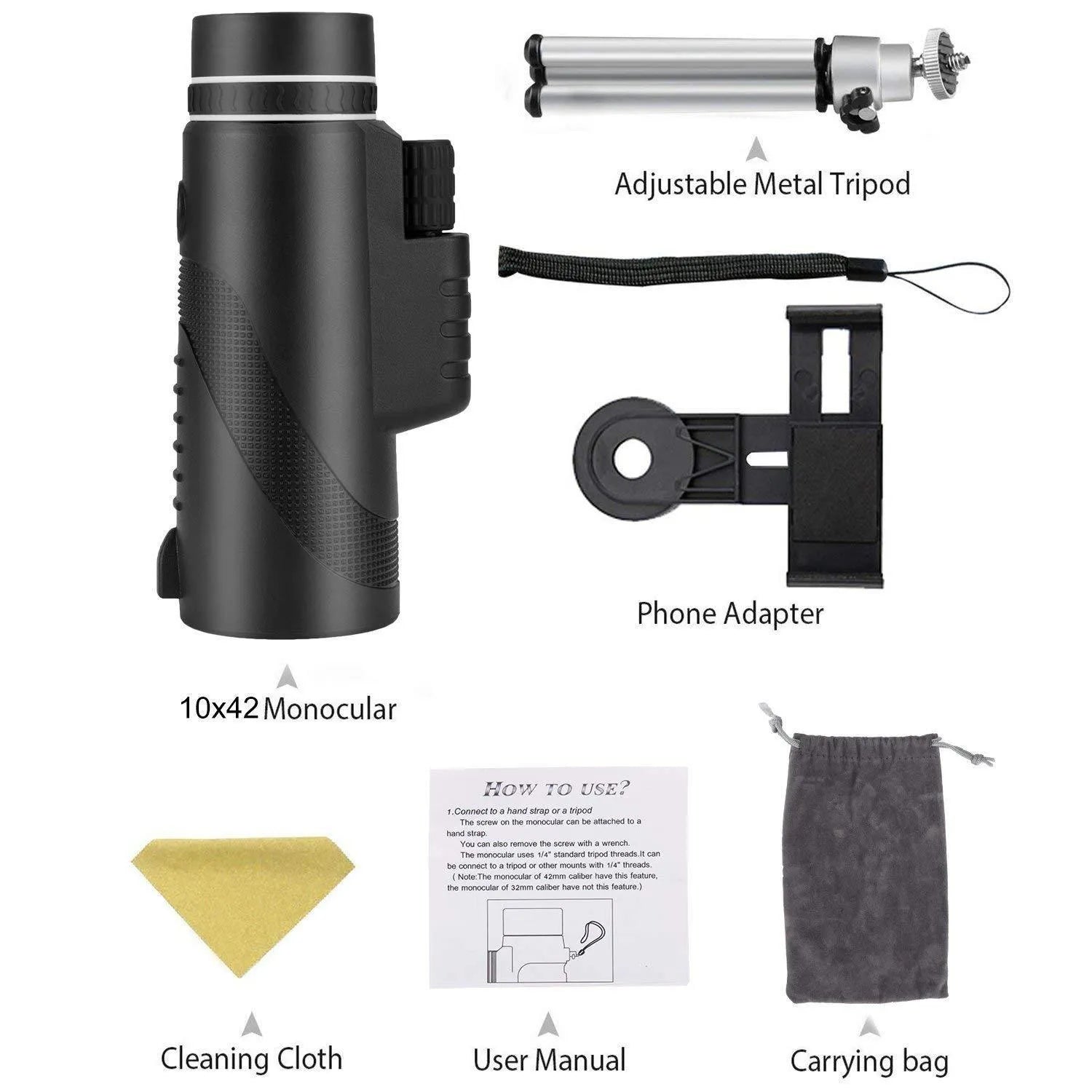 Black HD 40x60 smartphone monocular telescope with waterproof construction and FMC coated lenses