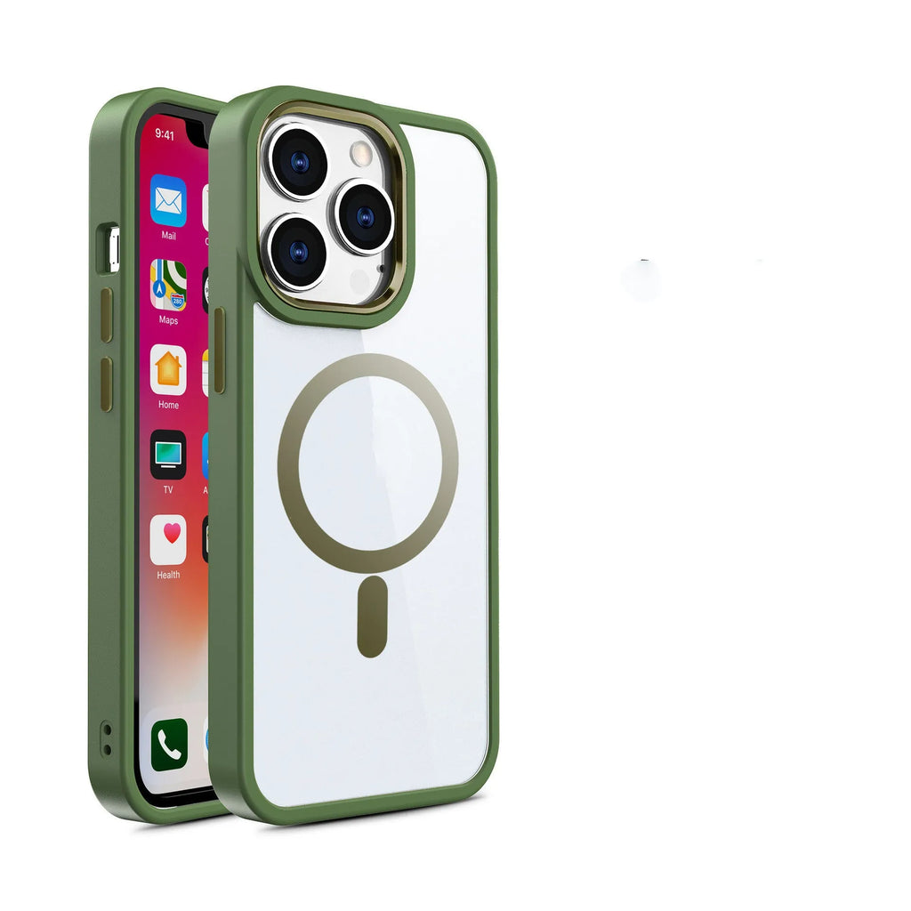 Transparent magnetic silicone phone case for iPhone on a table, showing solid colour edges.