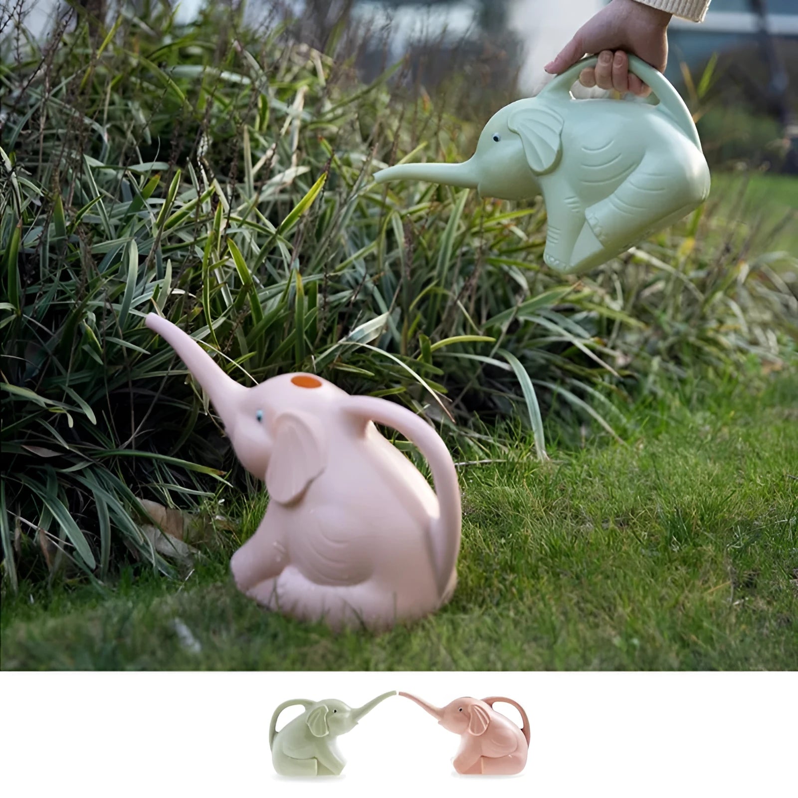 Pink baby elephant-shaped watering can with a long nozzle and bottle-shaped handle on a table.