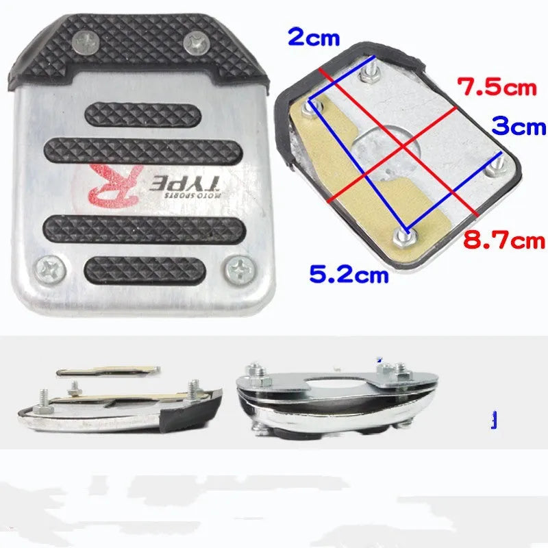 Metal motorcycle brake pedal skid plate showing three design options: Foot Pedal, Square Foot Pedal, and Small Brake Plate