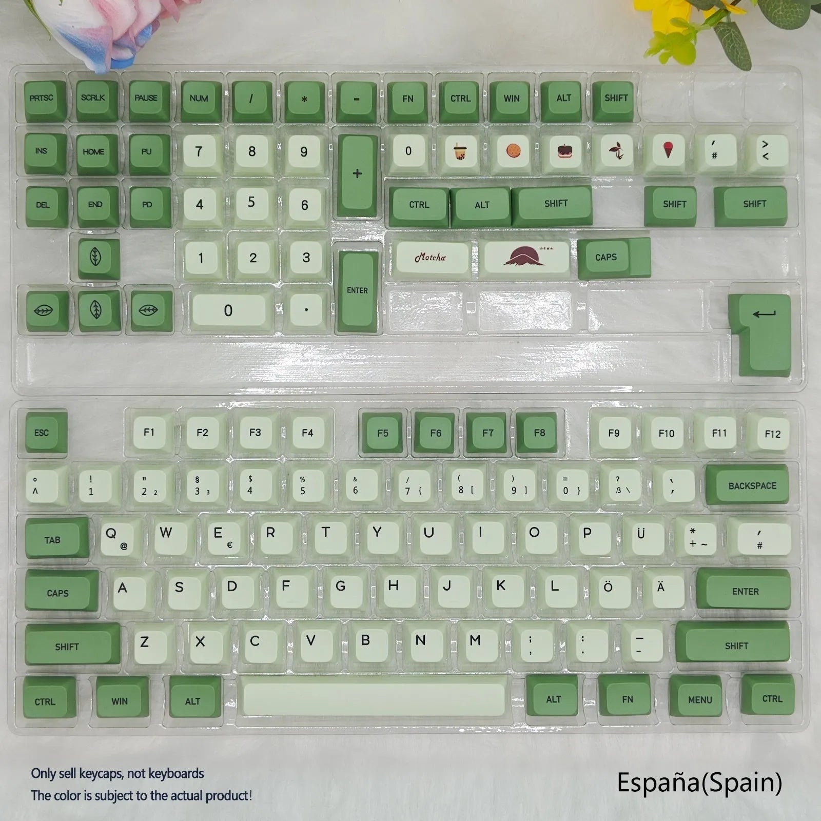 124 Key Matcha green and beige PBT keycap set for mechanical keyboards, showing multiple language layout options.