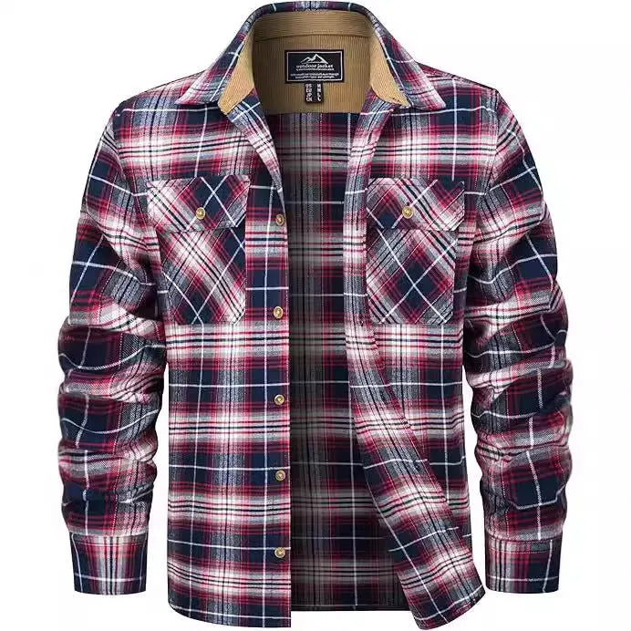 Men's plaid flannel casual button shirt in orange colour on a hanger.