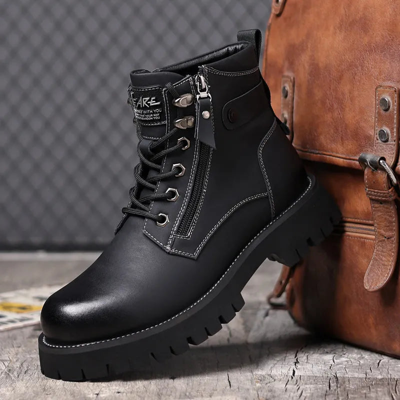Men's brown high-top leather Martin boots with side zip and a mid-height heel.