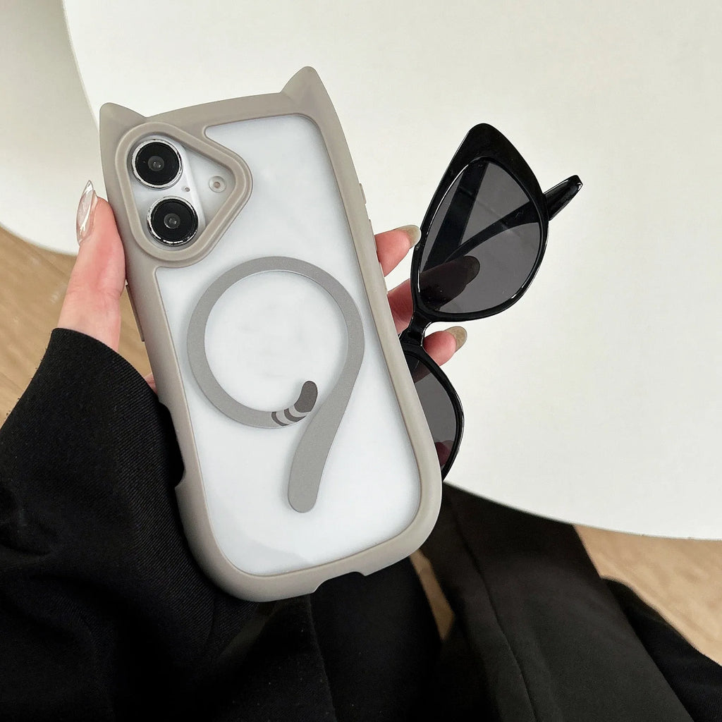 Clear acrylic TPU magnetic phone case for iPhone 17 series showing black, blue, grey and pink colour options
