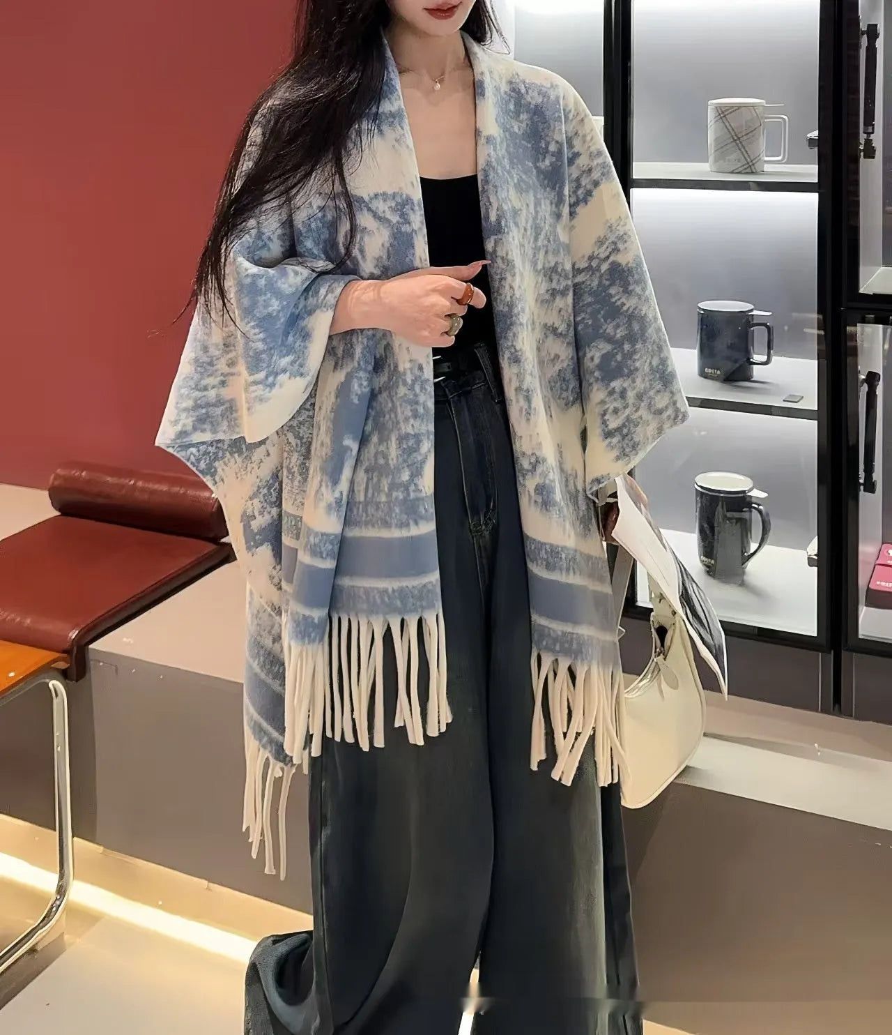 Women's personalised tassel scarf cape shawl in polyester fabric with free size fit