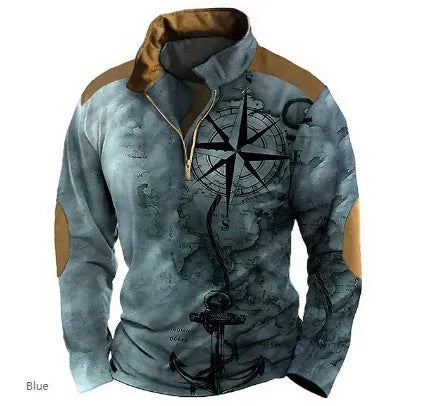 Men's loose fit long sleeve t-shirt with retro colour printing and stripe pattern, showing zip detail on sleeve.