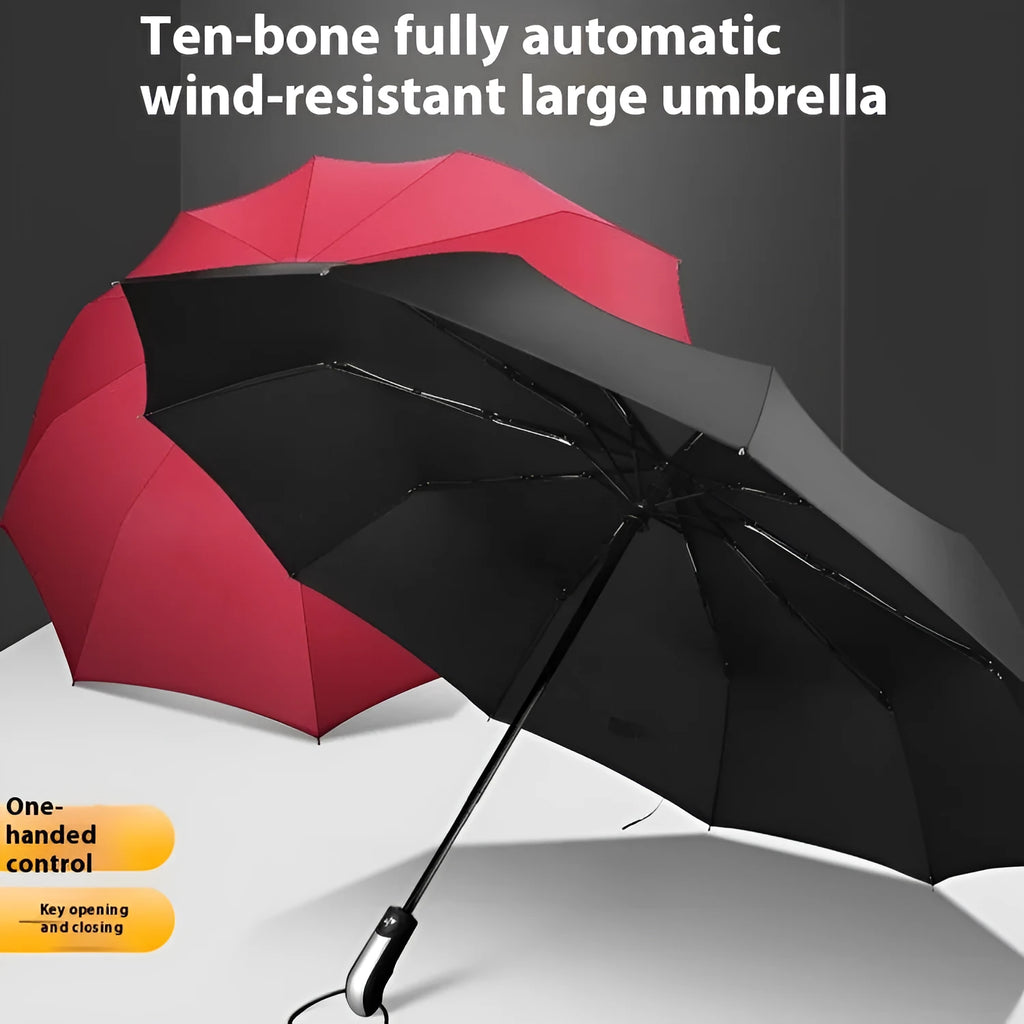 Black triple folding business umbrella with automatic opening mechanism and steel ribs