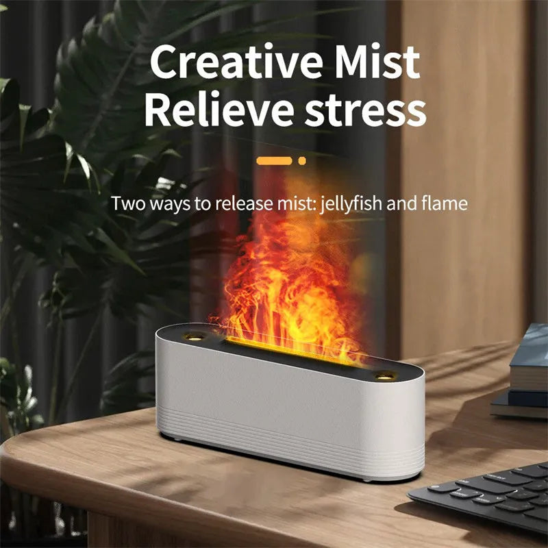 Black Flame Air ultrasonic humidifier diffuser with LED lights on a wooden table.