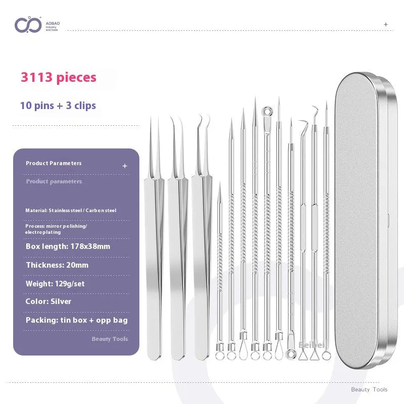 Four silver metal acne needles with pointed tips for skincare extraction