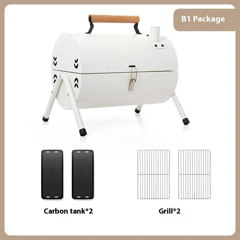 White round portable charcoal grill with chimney oven design for frying and baking