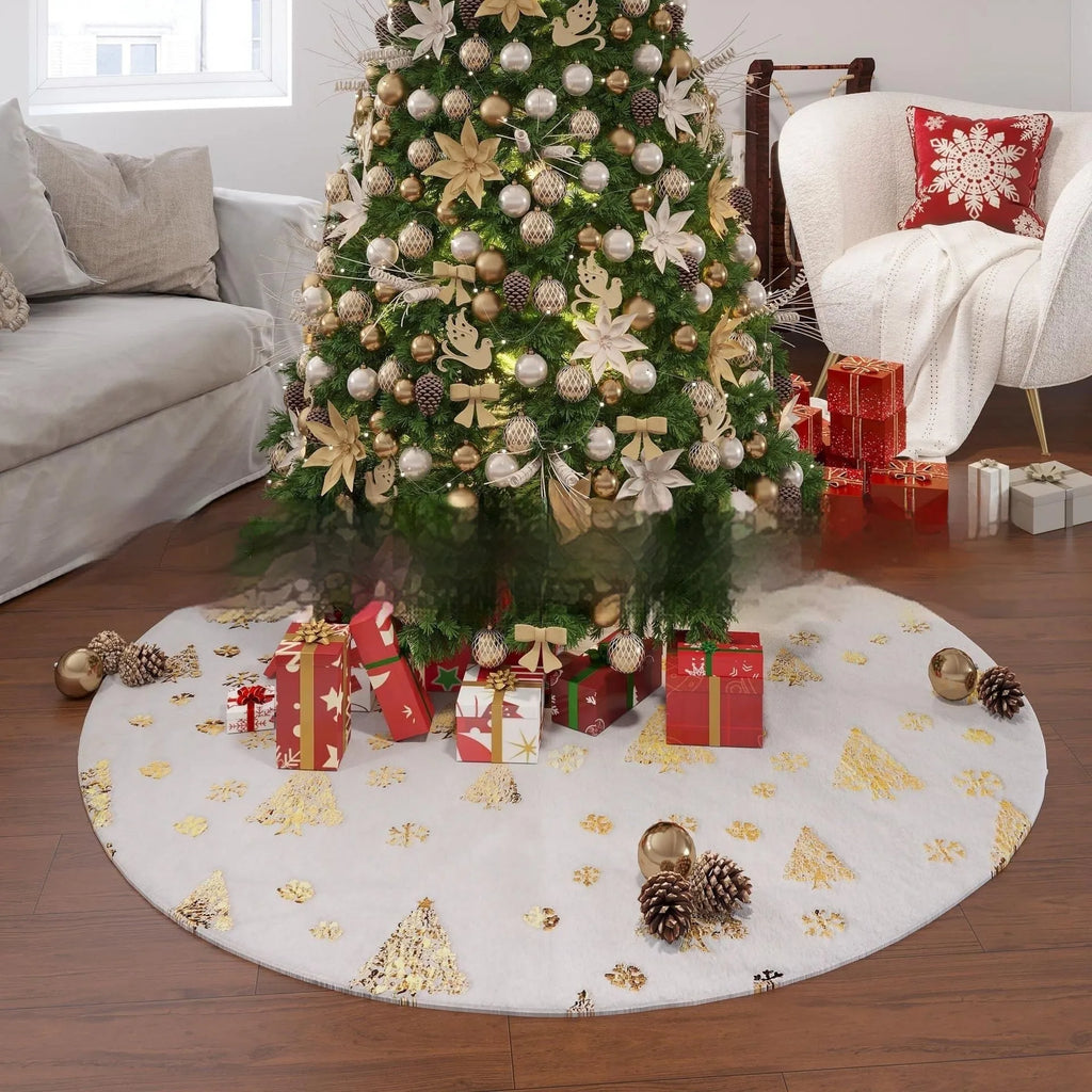 Plush Christmas tree decorative floor mat in snowflake star design showing soft textile surface