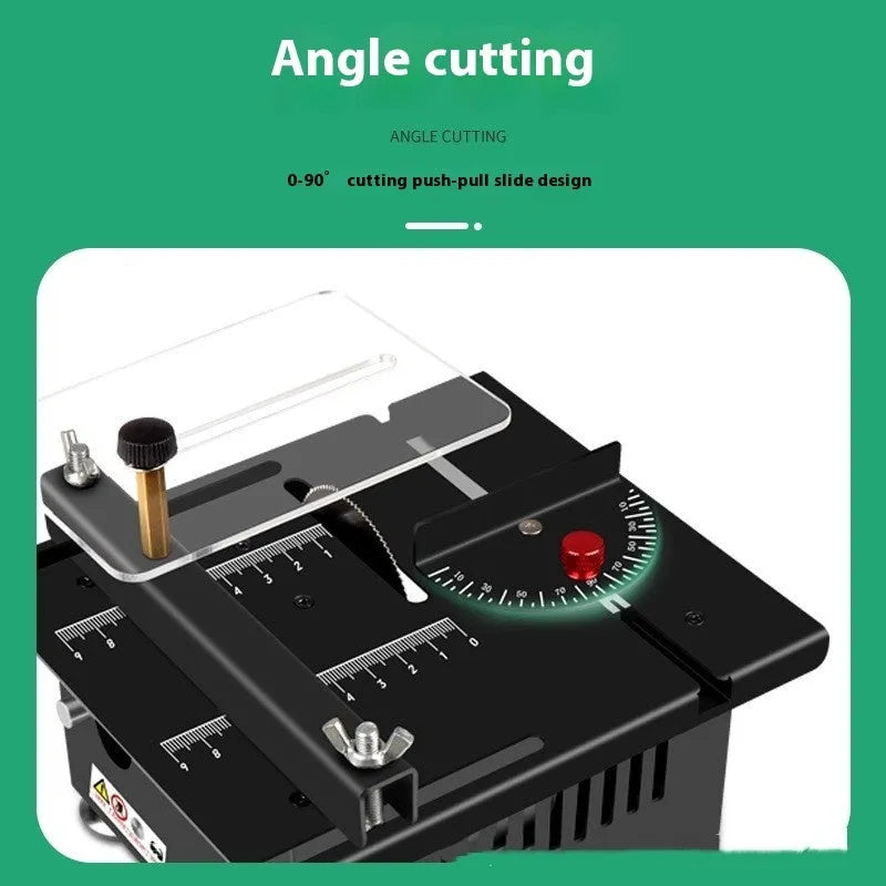 Lithium ion cordless micro desktop saw with metal body on a workbench