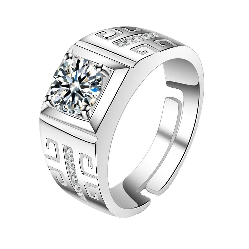 Men's adjustable copper ring featuring a large square diamond, shown in gold and platinum colour options.