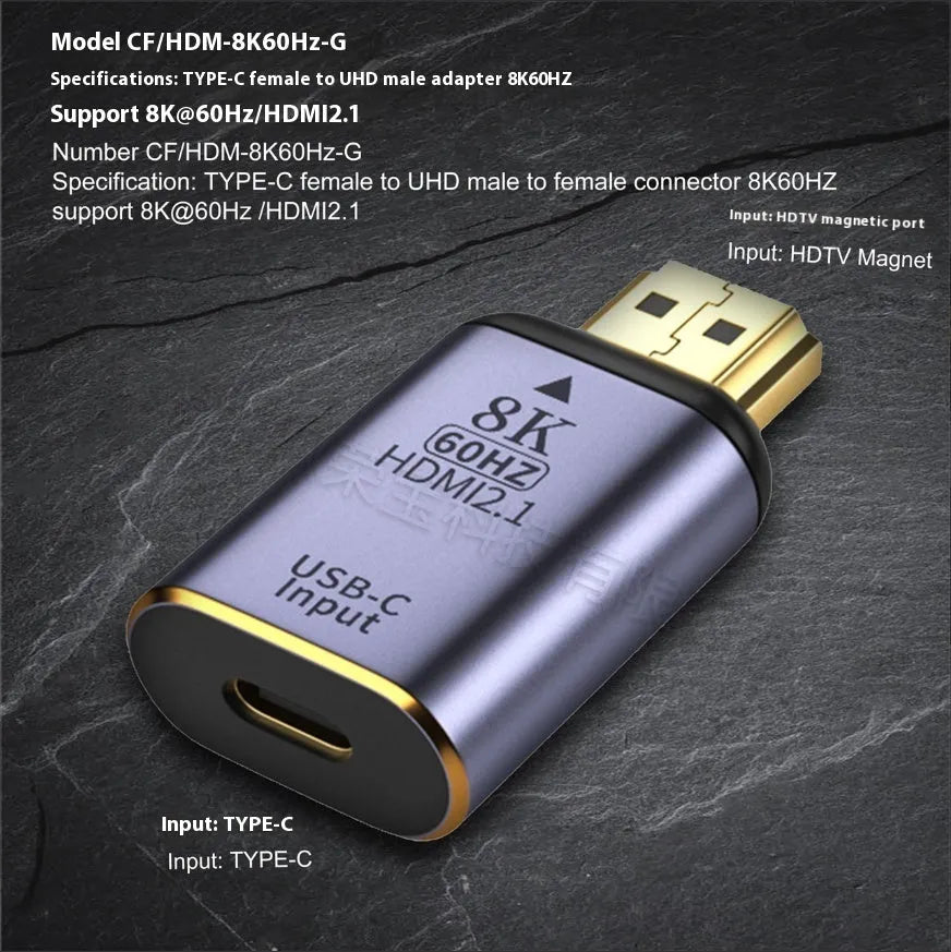 8K HDMI interface converter cable with gold-plated connectors and PVC housing on a desk