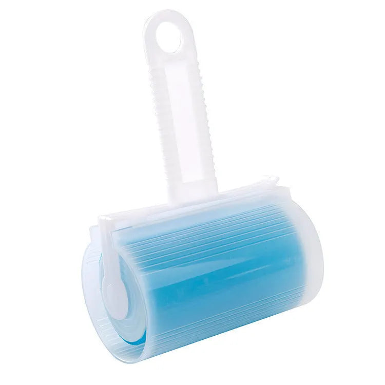 Blue washable reusable lint roller with cover for removing pet hair from clothes and furniture.