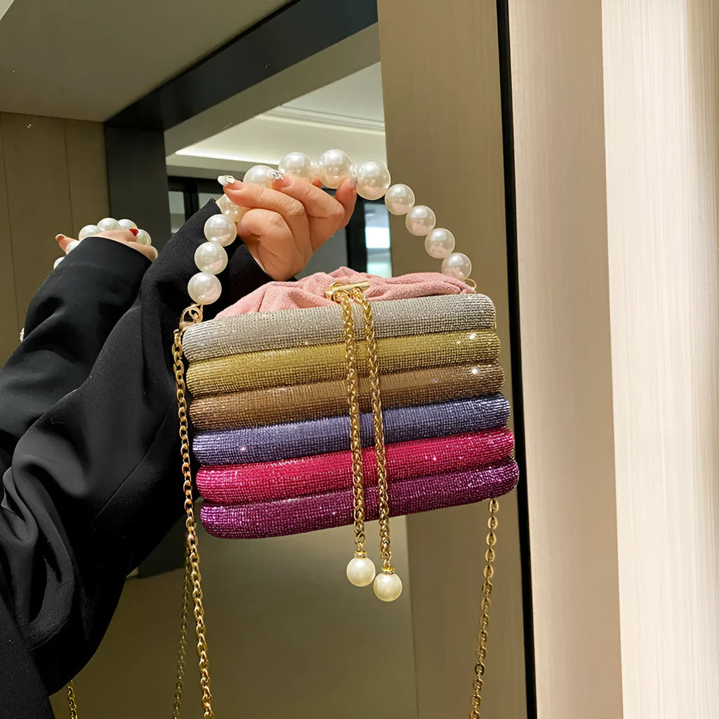 Round women's crossbody bag in PU leather with pearl bead decoration and single shoulder strap
