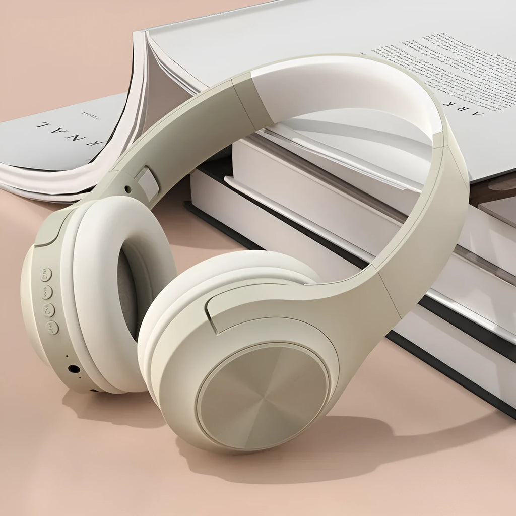 Creative design wireless Bluetooth headphones with charging case in ivory white, chalk black, and youth green colour options