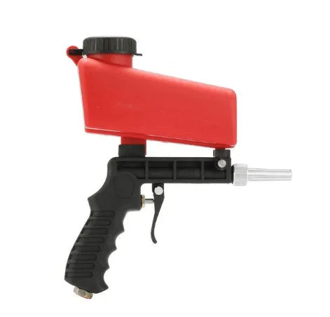 Portable blue pneumatic sandblasting gun with top-mounted tank for rust removal and surface preparation.