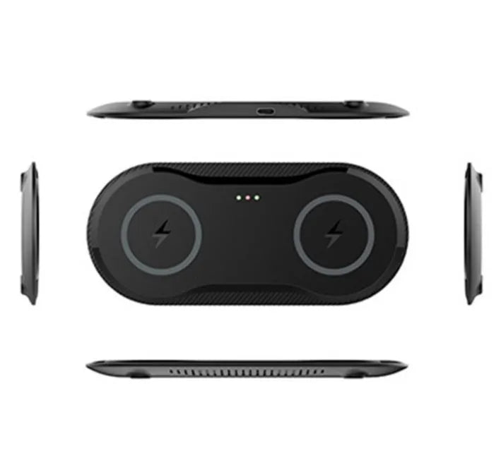 Black and white dual wireless charging pad showing two phones charging simultaneously