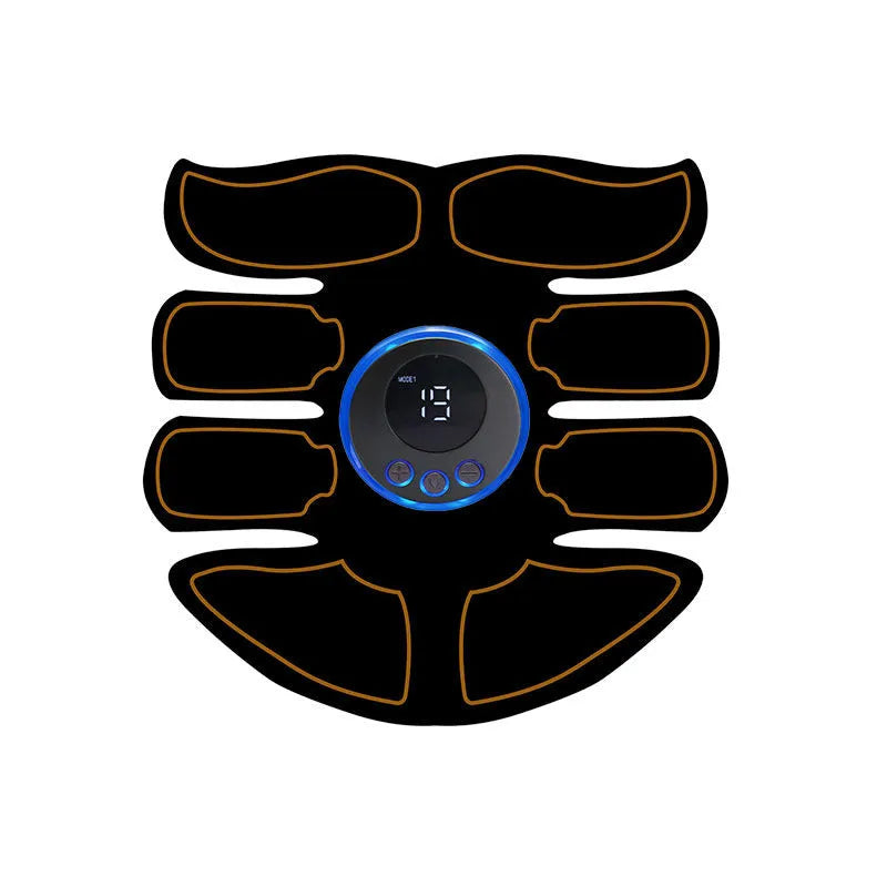 Abdominal muscle patch showing six electrode areas and digital display with charging port
