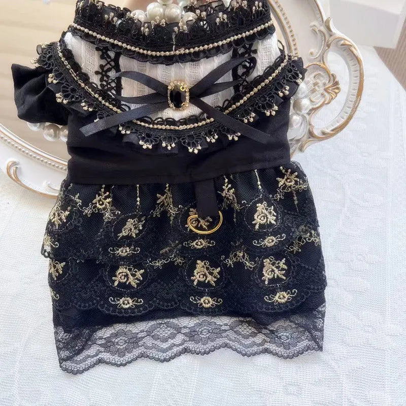 Golden gothic princess skirt dress for a small dog or cat on a mannequin.